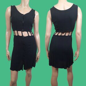 Vintage 90s Y2K Black Sleeveless Mini Dress Cut Outs size S Sundress Beach Cover